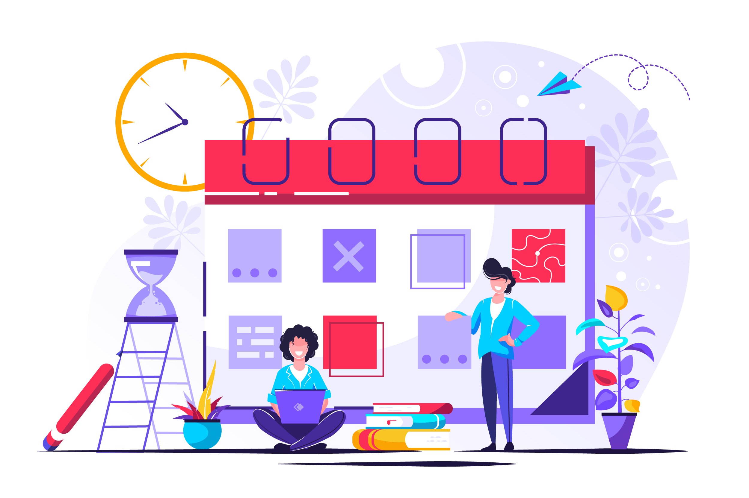 マルチタスクと生産性のイラスト。Slackと日程調整ツールを連携して業務を効率化