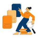 料金プランのカードを比較検討するビジネスパーソンのフラットイラスト