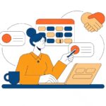 面接スロットの入ったカレンダーと候補者プロフィールを確認する採用担当者のフラットイラスト