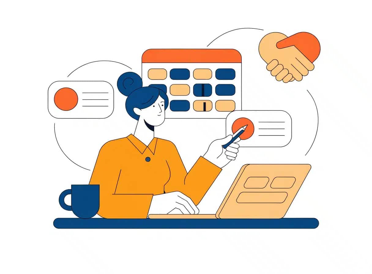 面接スロットの入ったカレンダーと候補者プロフィールを確認する採用担当者のフラットイラスト