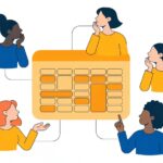 5人のメンバーと共有カレンダーが線で結ばれ空き時間の重なりが見えるフラットイラスト
