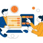 デュアルモニターで複数のカレンダーを管理する秘書のフラットイラスト