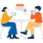 レストランで会食するビジネスパーソンとカレンダーのフラットイラスト
