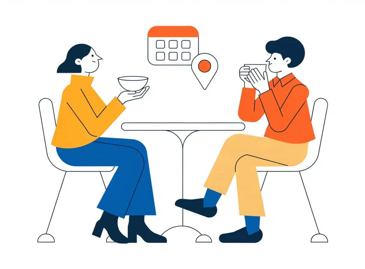 レストランで会食するビジネスパーソンとカレンダーのフラットイラスト
