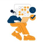 ノートPCとカレンダーで会議日程を調整する人物のフラットイラスト