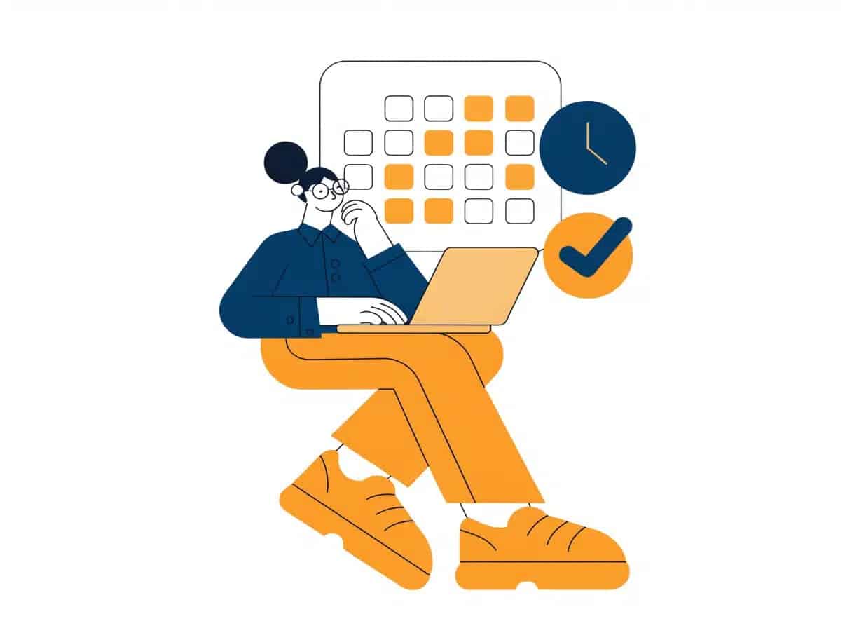 ノートPCとカレンダーで会議日程を調整する人物のフラットイラスト