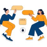 チャットの吹き出しとカレンダーで日程調整する2人のフラットイラスト