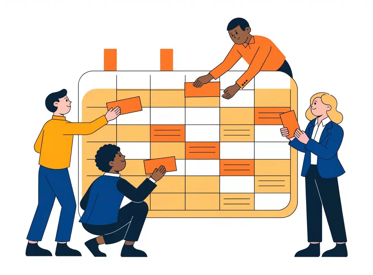 共有カレンダーに会議の予定を貼っていく4人チームのフラットイラスト