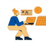 ノートPCでビデオ会議に参加しながらカレンダーで日程を調整するフラットイラスト