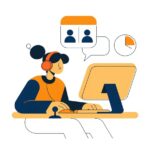 チャットとカレンダーで会議日程を調整するフラットイラスト