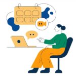 ヘッドホンをつけてイベントカレンダーを管理する人物のフラットイラスト