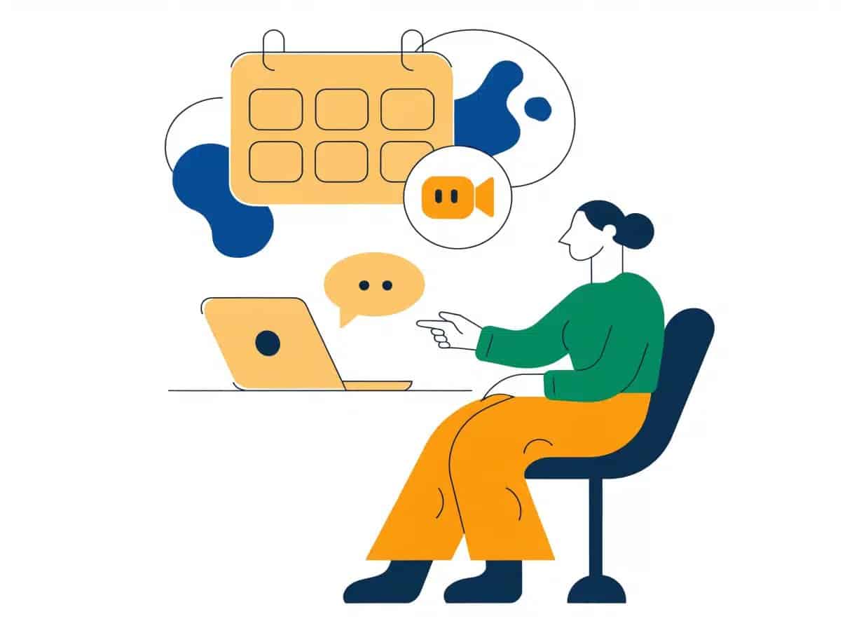 ヘッドホンをつけてイベントカレンダーを管理する人物のフラットイラスト