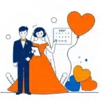 結婚式二次会の幹事が新郎新婦と打ち合わせるイメージ