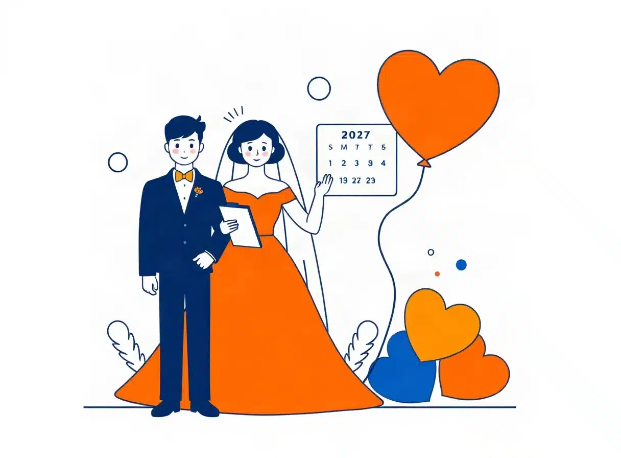 結婚式二次会の幹事が新郎新婦と打ち合わせるイメージ